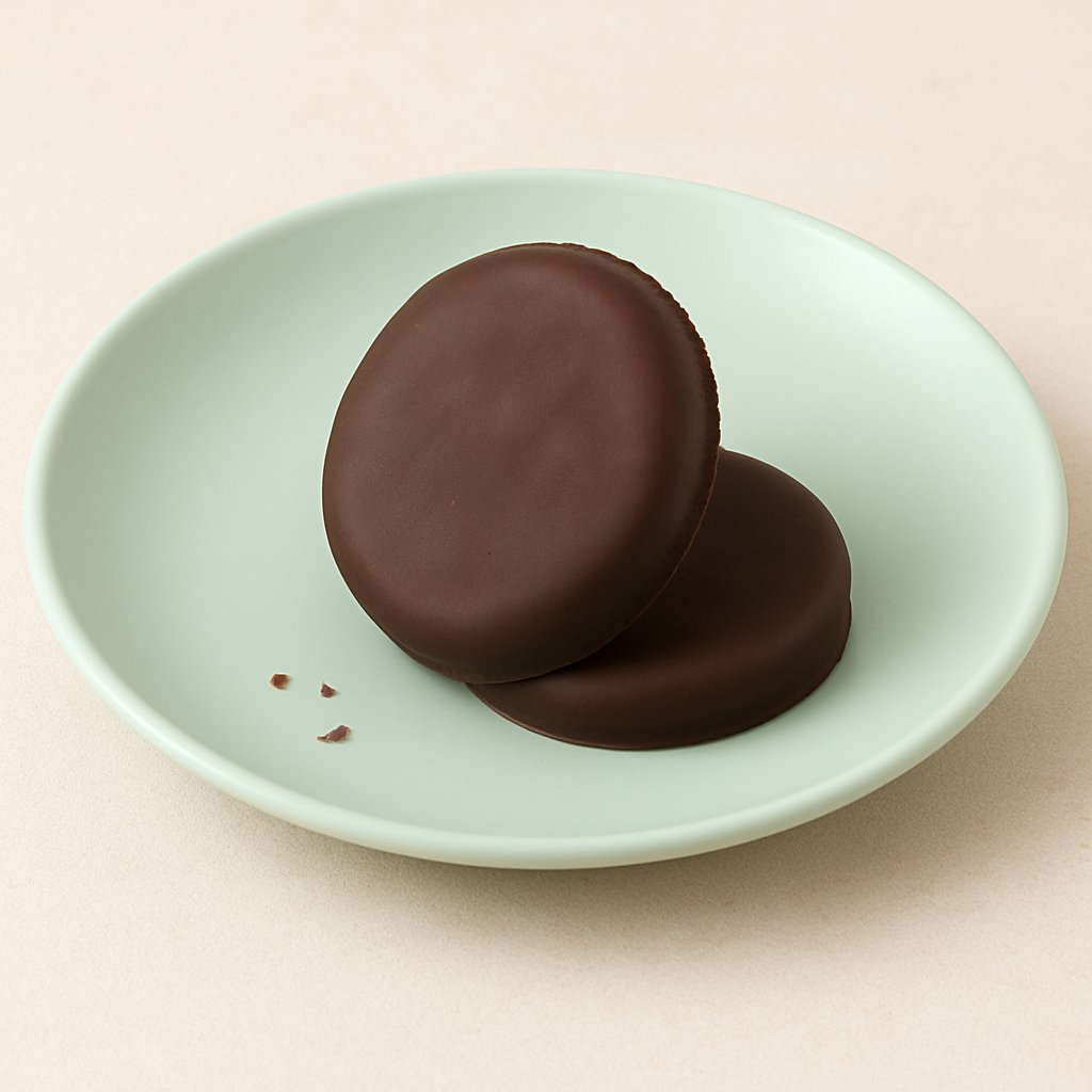 Two Thin Mints on a mint-green plate.